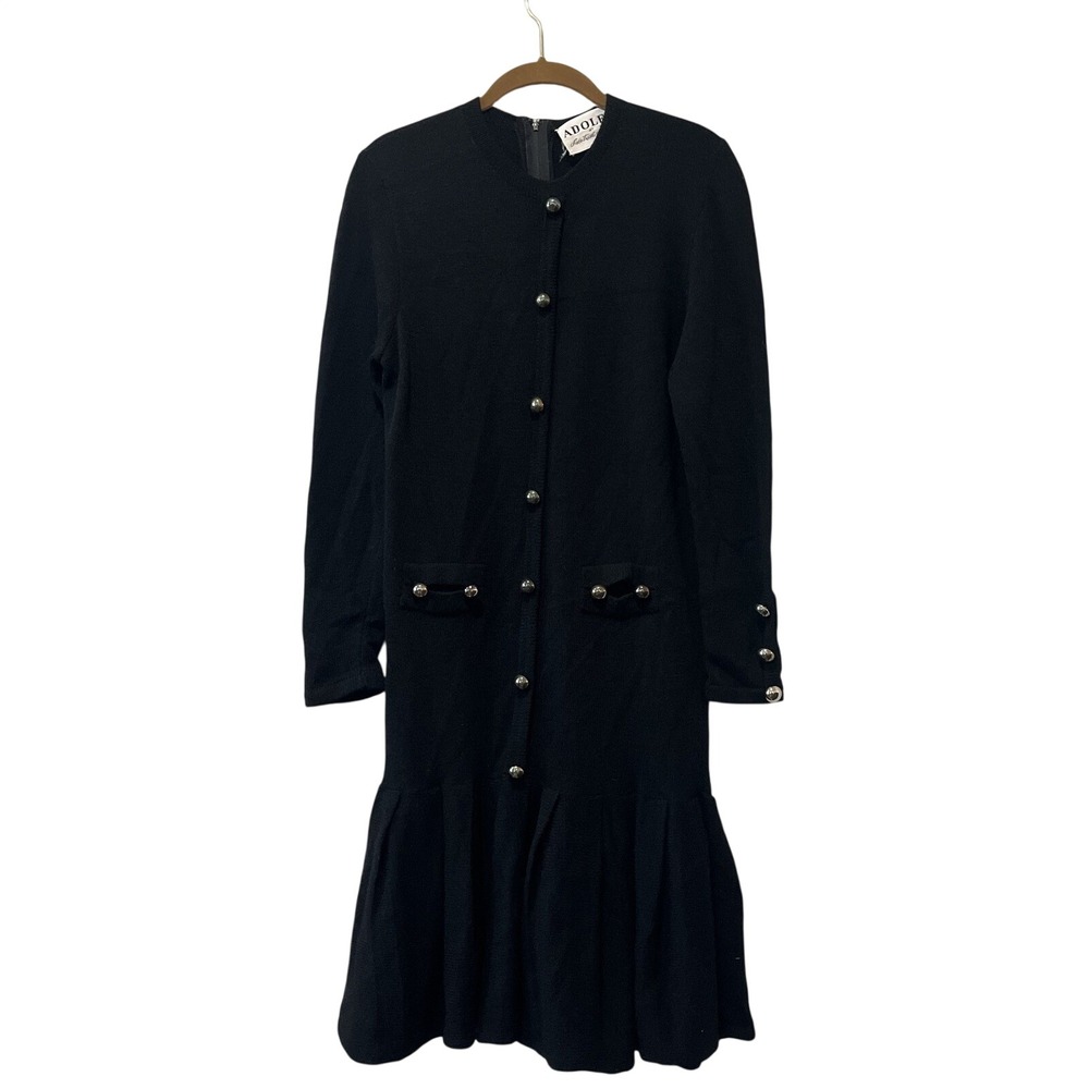 Adolfo Saks Fifth Ave Knit Dress Women's‎ Small Black Wool Drop Waist Pleated